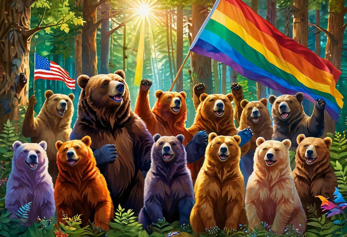 A vibrant and colorful illustration of a joyful bear gathering in a lush, picturesque forest, featuring bears of various sizes and shades engaging in playful activities, adorned with pride flags and LGBTQ+ symbols. The scene should radiate warmth and community spirit, encapsulating the essence of love and acceptance. Sunlight streaming through the trees enhances the cheerful atmosphere. super-realistic. vibrant colors. 3D.