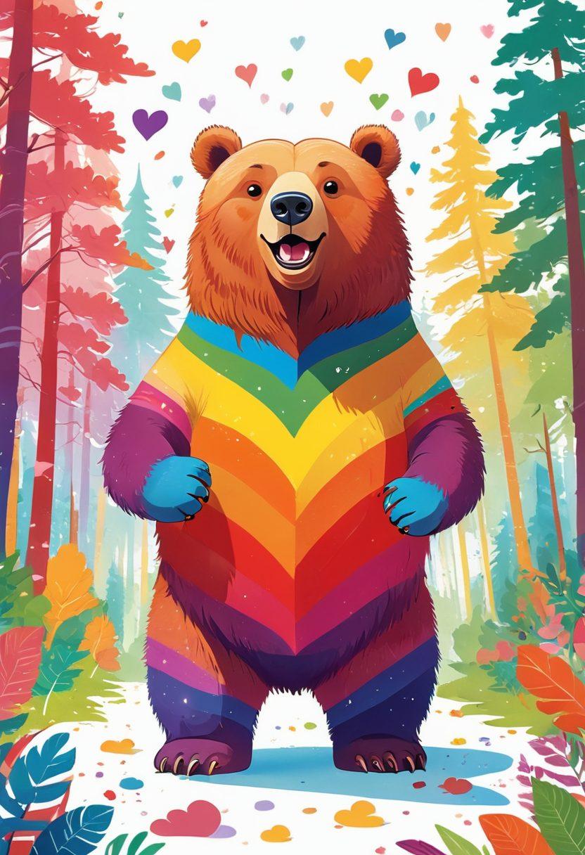 A dynamic and colorful illustration featuring a friendly bear character, playfully engaged with vibrant elements symbolizing queer culture, such as rainbow motifs and playful hearts. The background includes a whimsical forest setting with hints of digital media like film reels and streaming devices. Emphasize joy and celebration in the bear's expressions and surroundings. cartoon style. vibrant colors. white background.